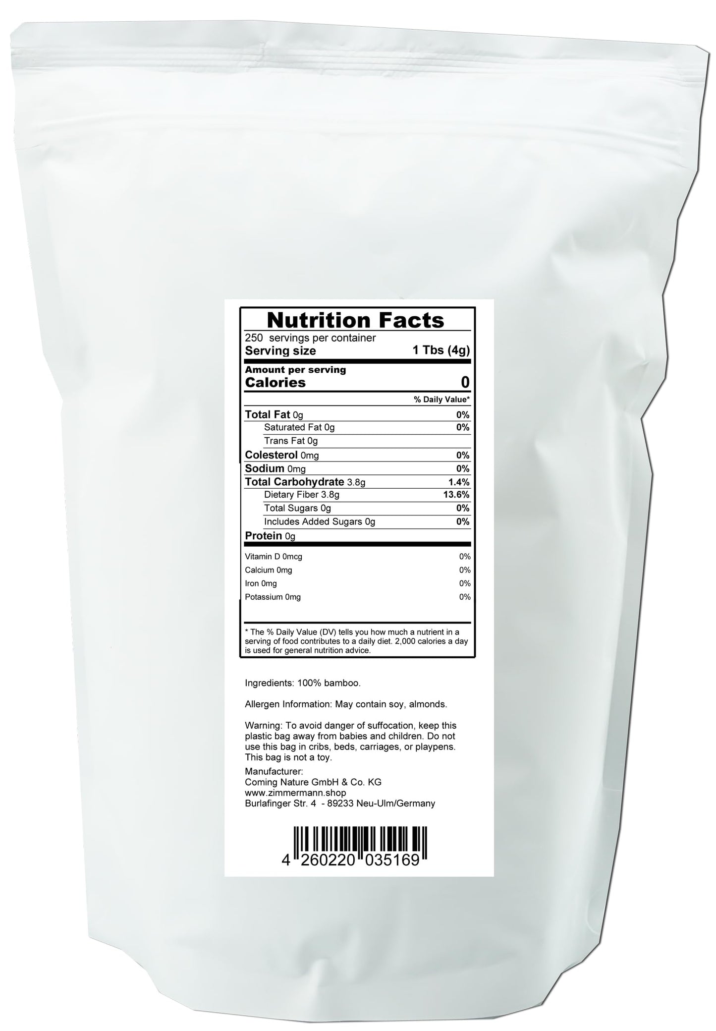 Bamboo Fiber 2.2Lb 1000G, Gluten Free, Non Gmo, Keto Flour, 100% Bamboo, By Zimmermann Sportsnutrition