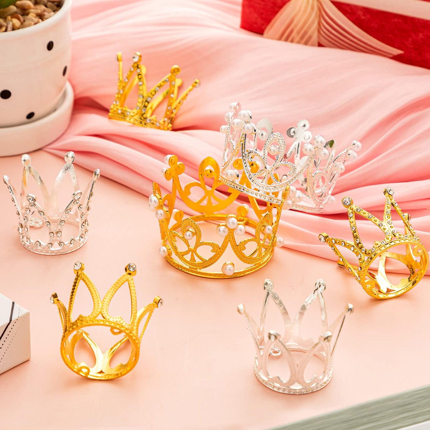 15Pcs Crown Cake Topper, Gold Silver Mini Crowns, Small Crystal Pearl Cupcake Toppers For Flower Arrangements Cupcake Baby Showe
