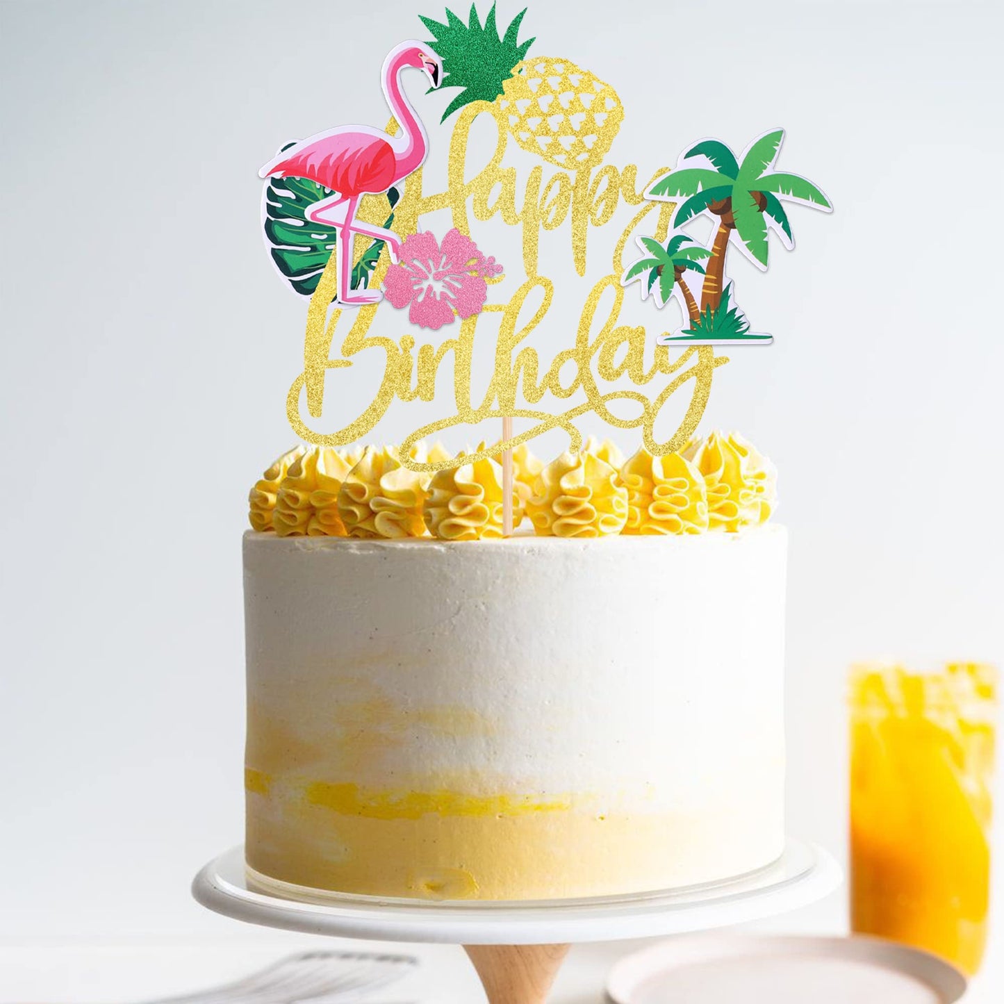 1 Pcs Flamingo Happy Birthday Cake Topper Glitter Palm Tree Turtle Leaf Flower Pineapple Flamingo Cake Pick Decorations For Tropical Hawaiian Luau Theme Baby Shower Kids Birthday Party Supplies