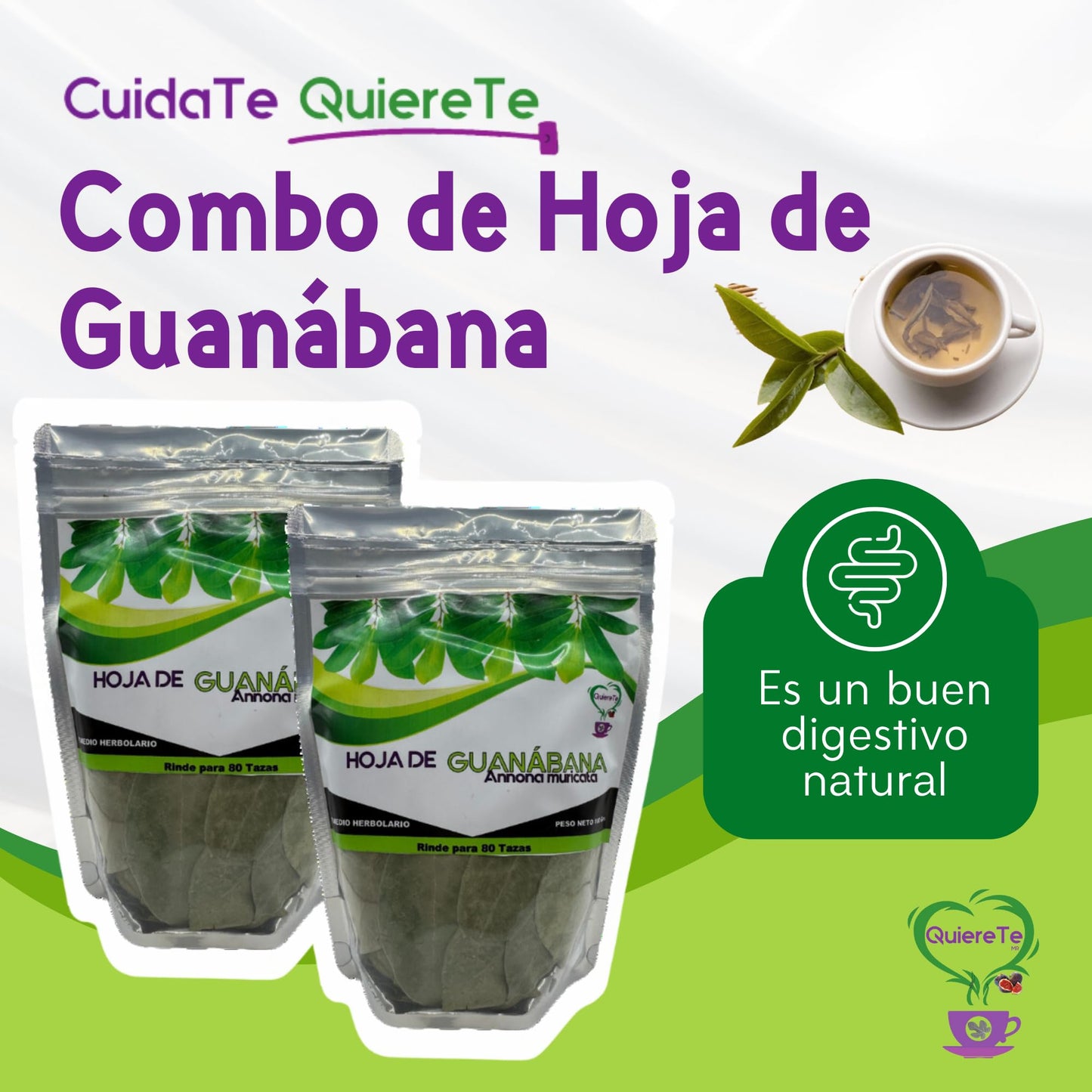 Soursop Tea, Quiere Te, 3.5 Oz (100 Grams), 2 Pack, Up To 132 Cups, Loose Leaf Tea, Resealable Bag, Guanabana Tea, Soursop Leave