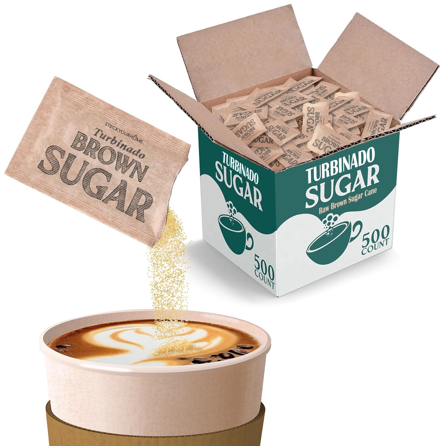 Stock Your Home Bulk Sugar Packets, 500 Count - Turbinado Sugar for Coffee & Tea, Granulated Brown Sugar, Individual Servings