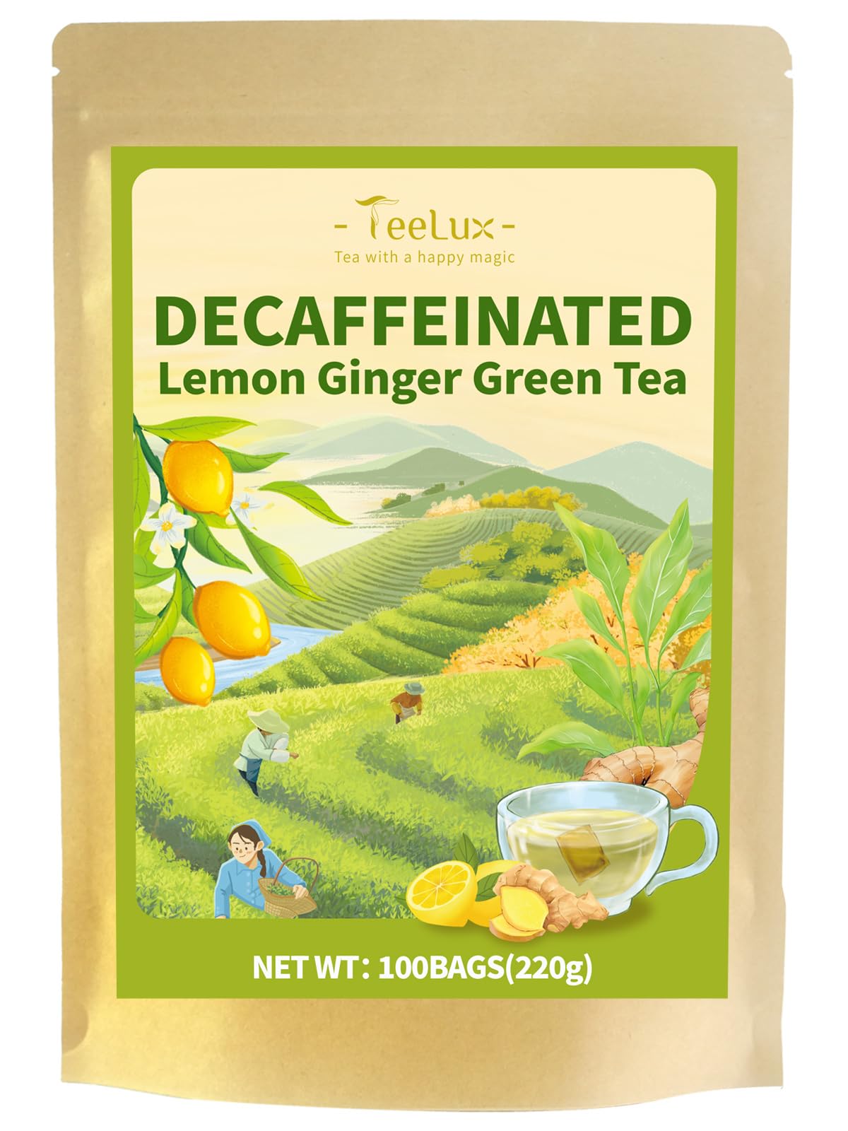 TeeLux Decaf Green Tea with Lemon & Ginger Flavor, 100 Count, Smooth & Refreshing