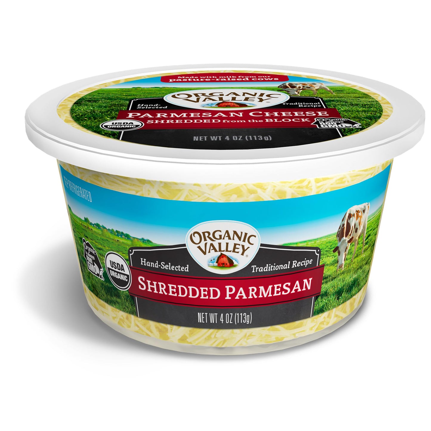 Organic Valley Parmesan Cheese in Tub, Shredded from the Block, Cows Milk, Zero Trans Fat, Non GMO, 4 Ounces (Pack of 12)