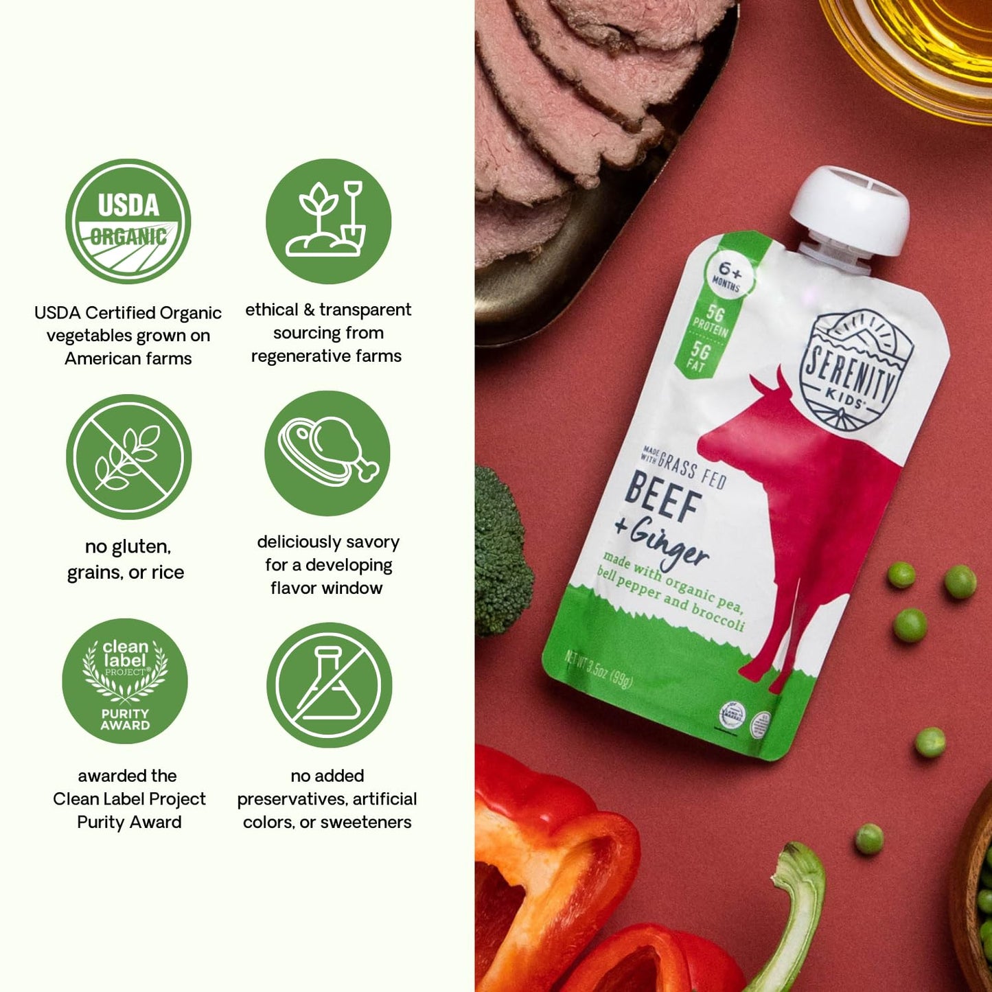 Serenity Kids 6+ Months Baby Food Puree Pouches With Ethically Sourced Meat & Organic Veggies - Grass Fed Beef, Pea, Bell Pepper