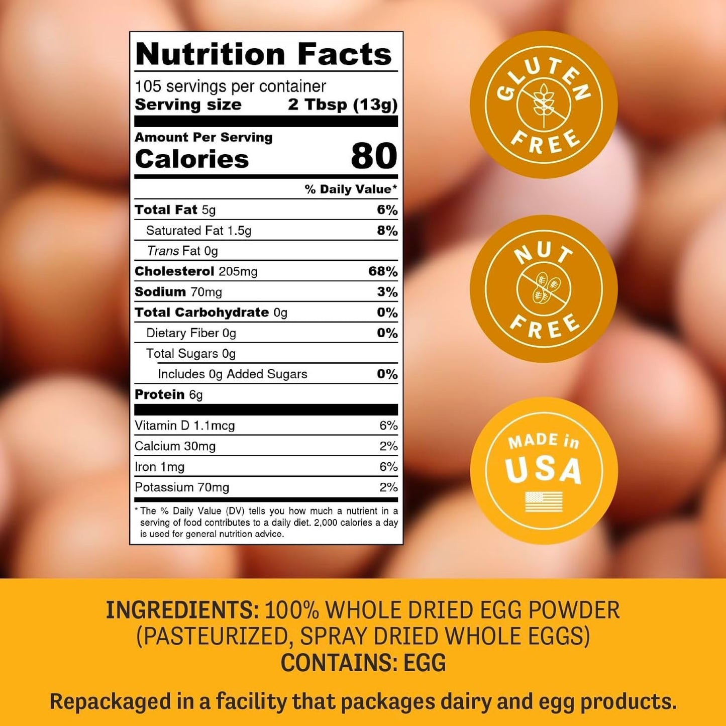 Judees Gluten Free Dried Whole Egg Powder 3 lbs - Baking Supplies - Delicious and 100% Gluten-Free - Great for Breakfast, Bakin