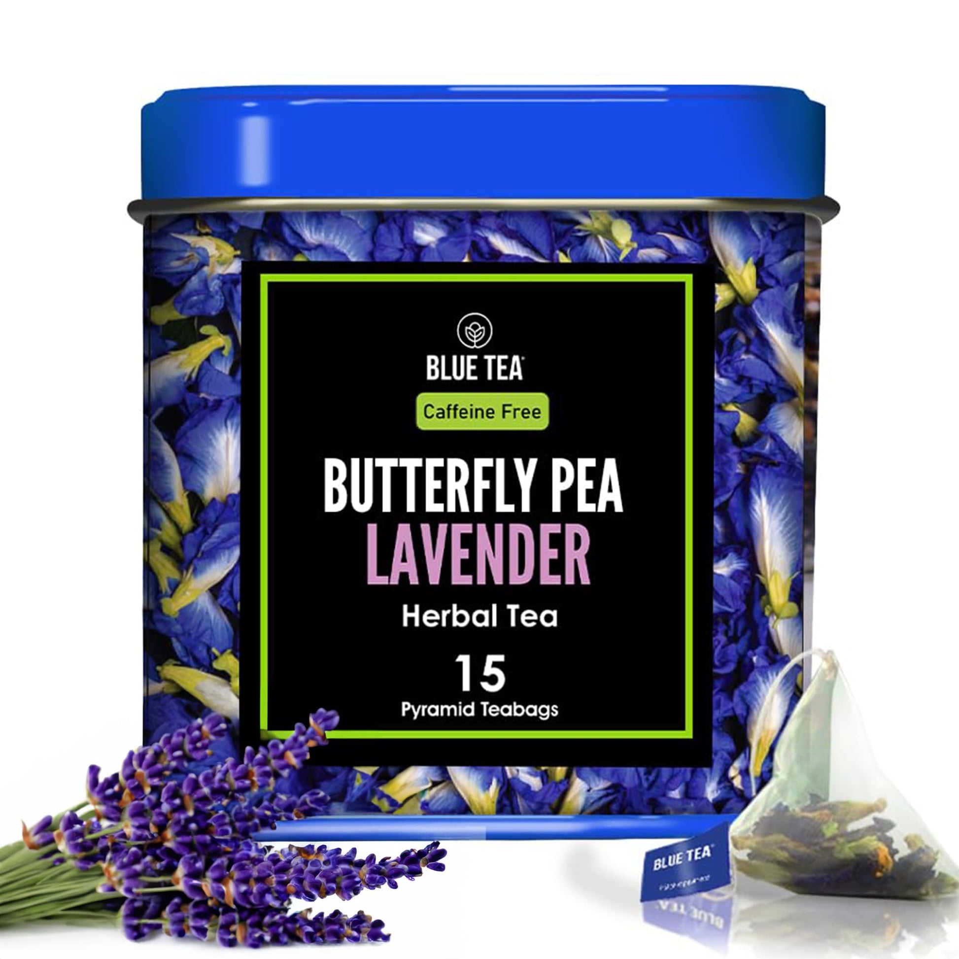 BLUE TEA Butterfly Pea Flower Lavender Tea - Caffeine Free, Gluten Free - 15 Tea Bags, Premium Tin Pack