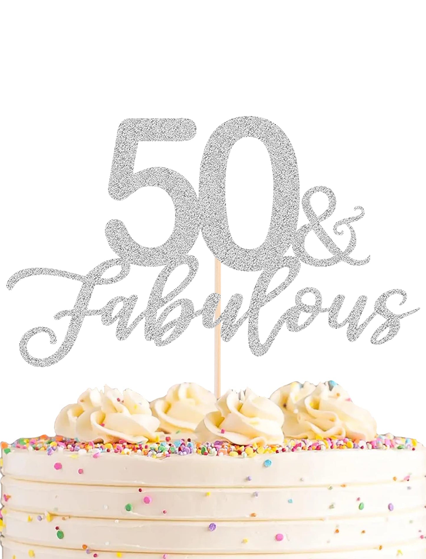 AHAORAY 50 Fabulous Cake Topper, Premium Silver Glitter Cardboard Cake Decoration for 50th Happy Birthday Party - Fifty and Fabu