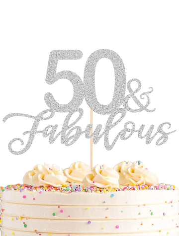 AHAORAY 50 Fabulous Cake Topper, Premium Silver Glitter Cardboard Cake Decoration for 50th Happy Birthday Party - Fifty and Fabu