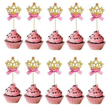 Lebery 30Pcs Gold Glitter Crown Cupcake Toppers Glitter Princess Cupcake Toppers Crown Cake Picks Tiara Cake Cupcake Toppers Cro