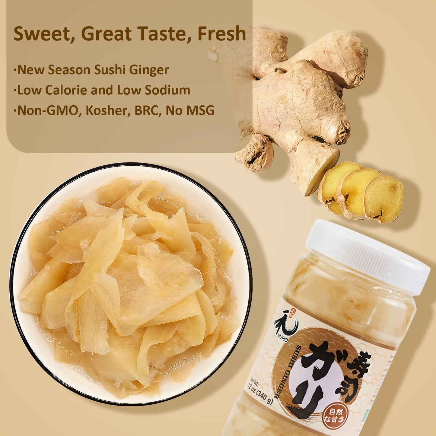 YUHO Pickled Sushi Ginger, Japanese White Gari Sushi Ginger Fat Free, Sugar Free, Kosher, BRC, No MSG, Low cal 12 oz
