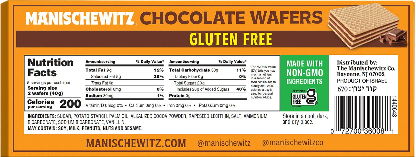 Manishewitz Gluten Free Chocolate Wafers, 7oz (3 Pack) Crispy Wafer with Creamy Dark Chocolate Filling | Dairy Free | Certified