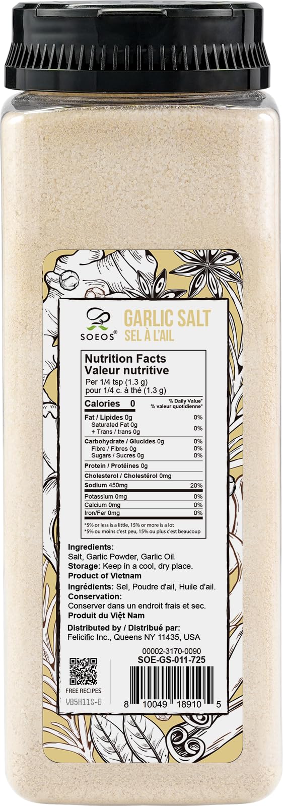 Soeos Garlic Salt 38.8 Ounce(1.1 kg)  Bulk Garlic Salt Seasoning  Non GMO  Gluten Free  Ideal for Adding Flavor to Soups  Breads  Vegetables  Meats and More