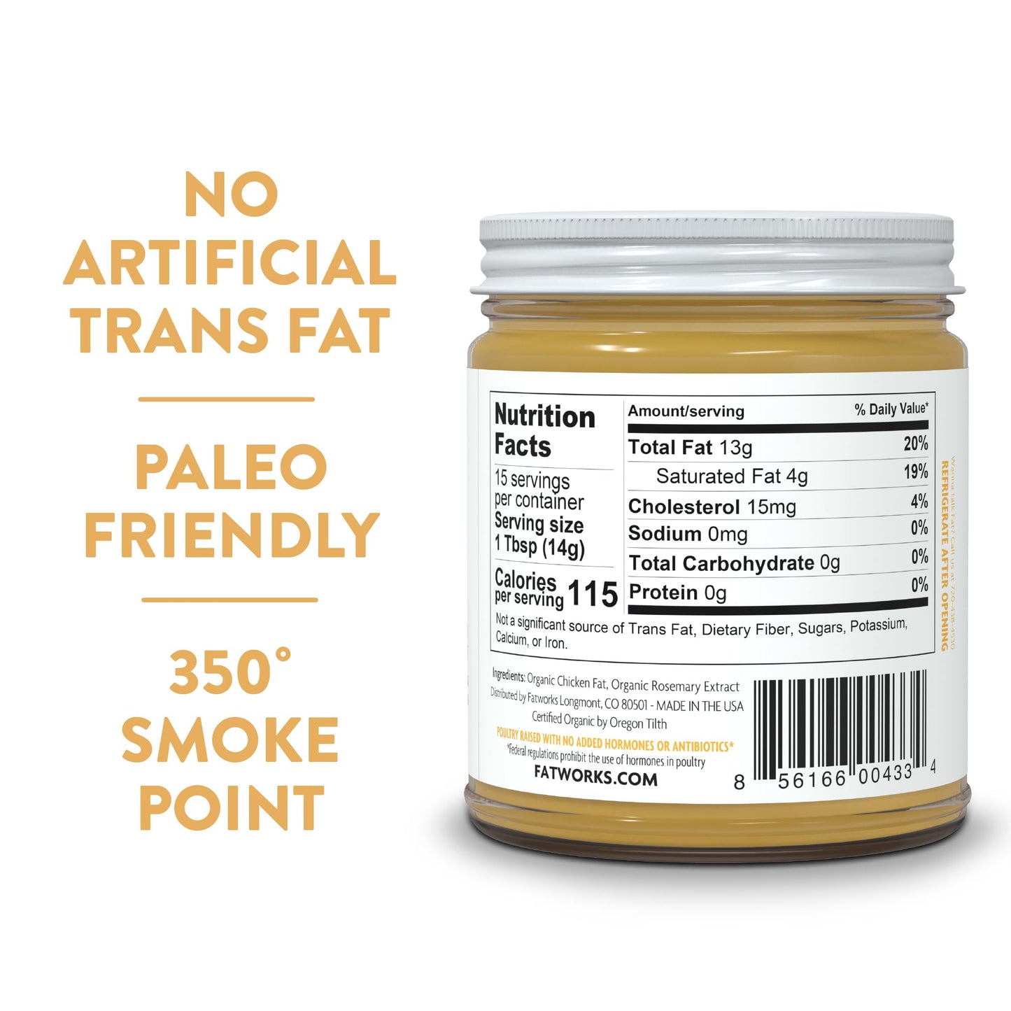 Fatworks Organic Chicken Fat, 3 Pack, 7.5 oz Jars,  -Free, Keto, Paleo, Whole30 Approved