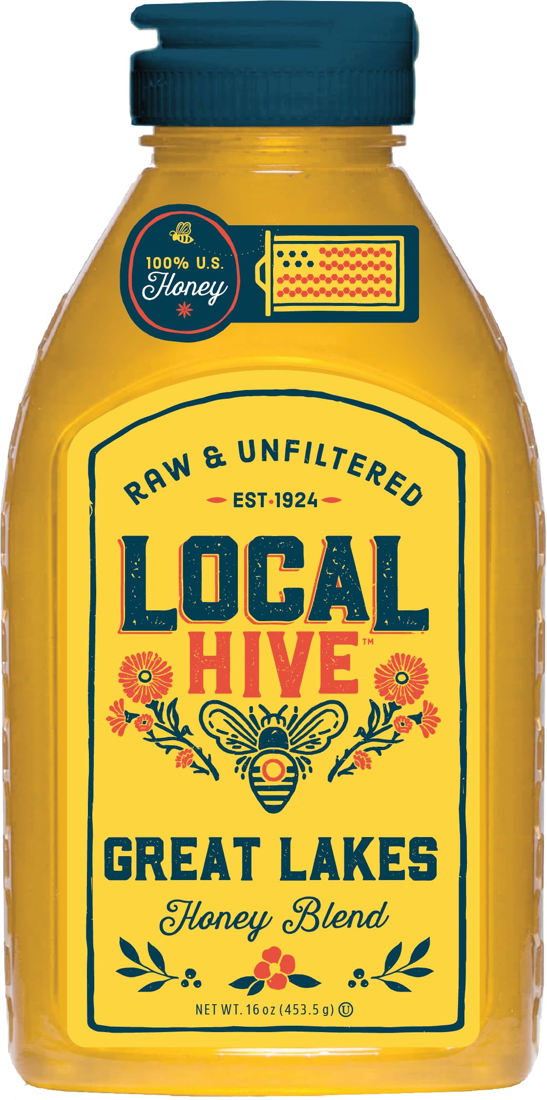 Local Hive Great Lakes Raw Unfiltered Honey - 16 oz, 100% Pure US Honey, Sourced from American Bees and Beekeepers - Natural Swe