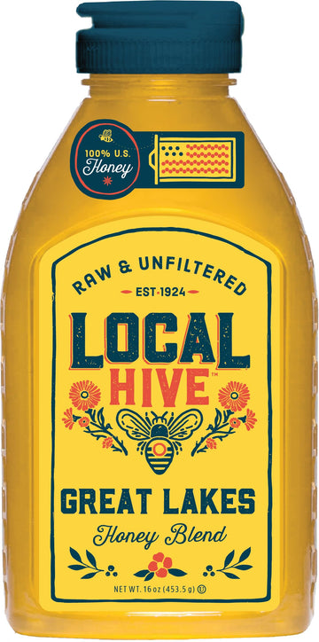Local Hive Great Lakes Raw Unfiltered Honey - 16 oz, 100% Pure US Honey, Sourced from American Bees and Beekeepers - Natural Swe