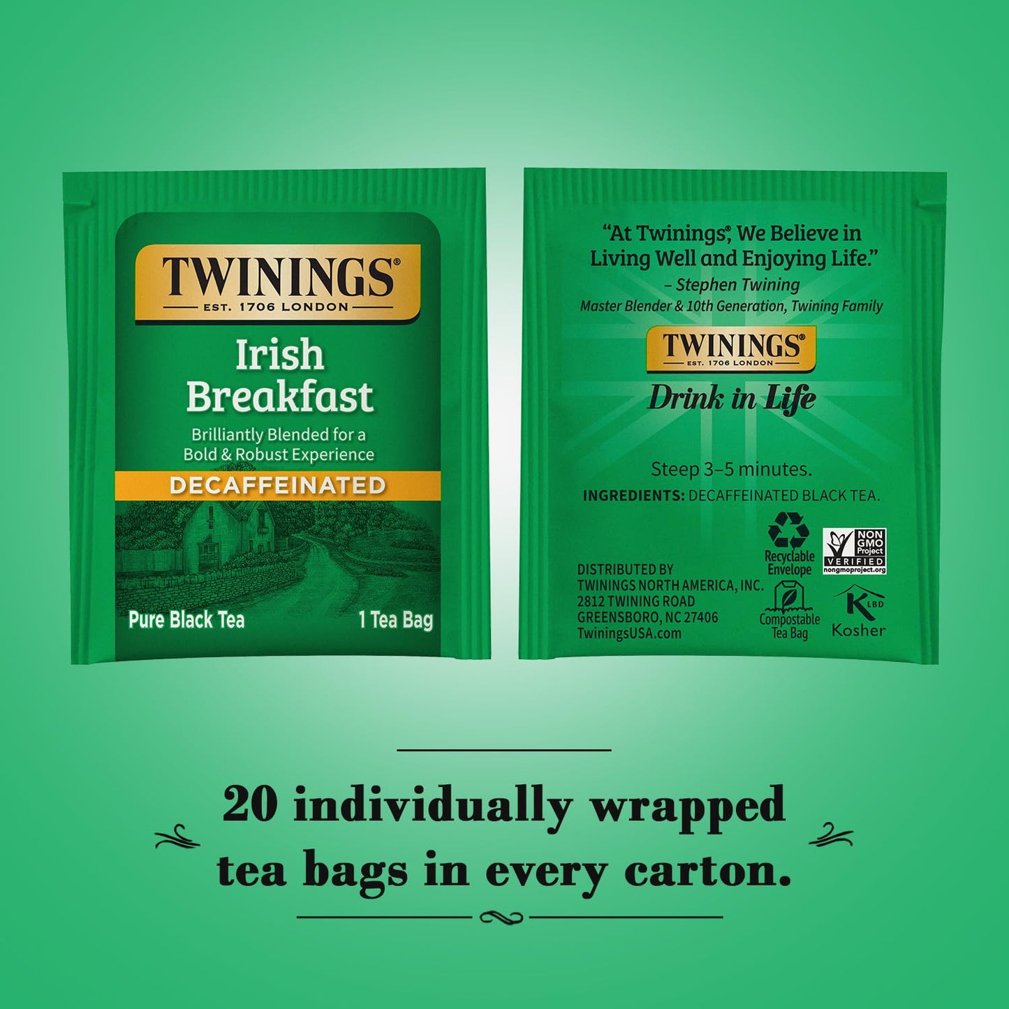 Twinings Decaffeinated Irish Breakfast Black Tea, 20 Individually Wrapped Teabags, Robust Flavor, 20 Count, Model 455834-05306