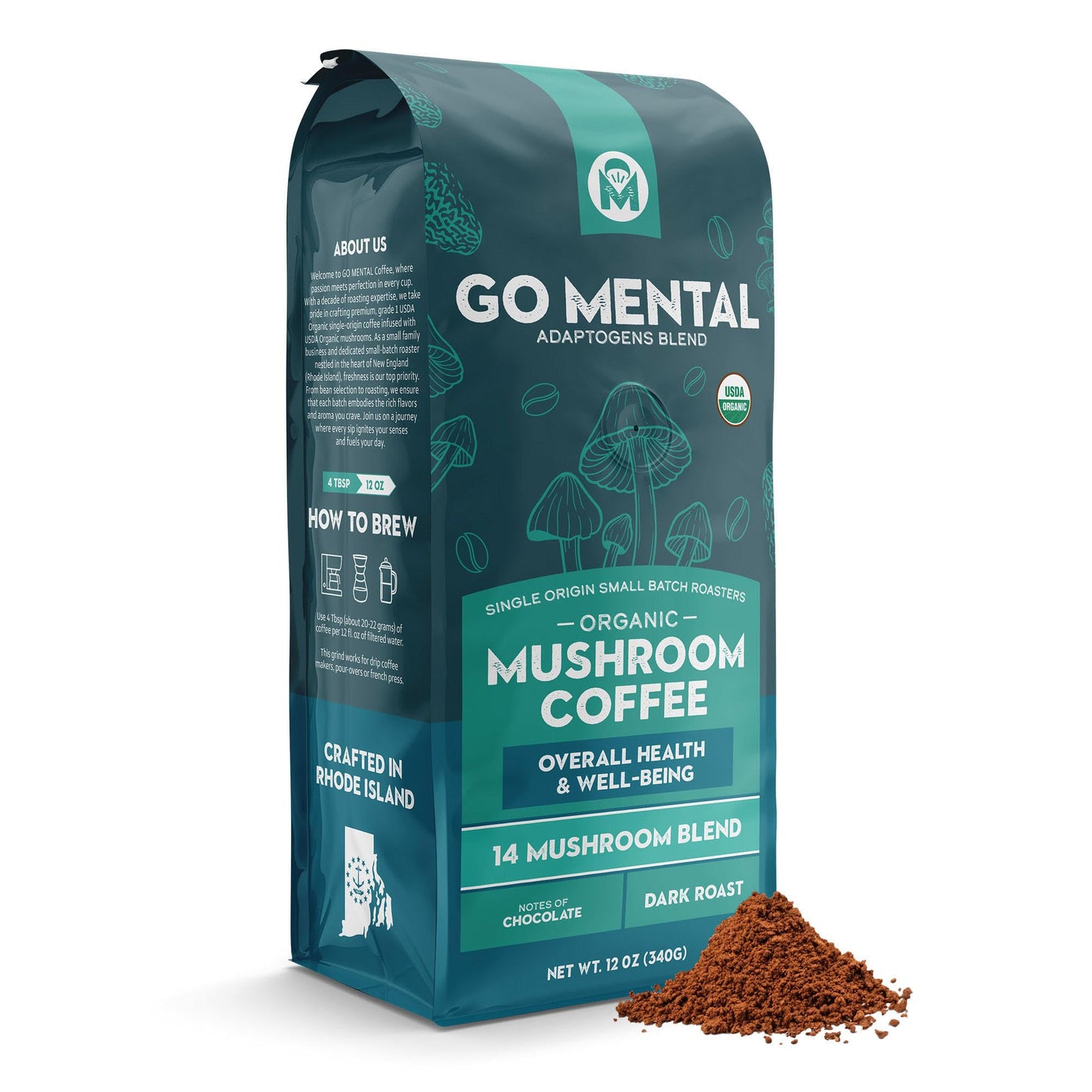 Organic 14 Mushroom Coffee Blend Dark Roast, Organic Lion's Mane, Chaga, Red Reishi and more, Chocolate Notes, Enhances Overall 