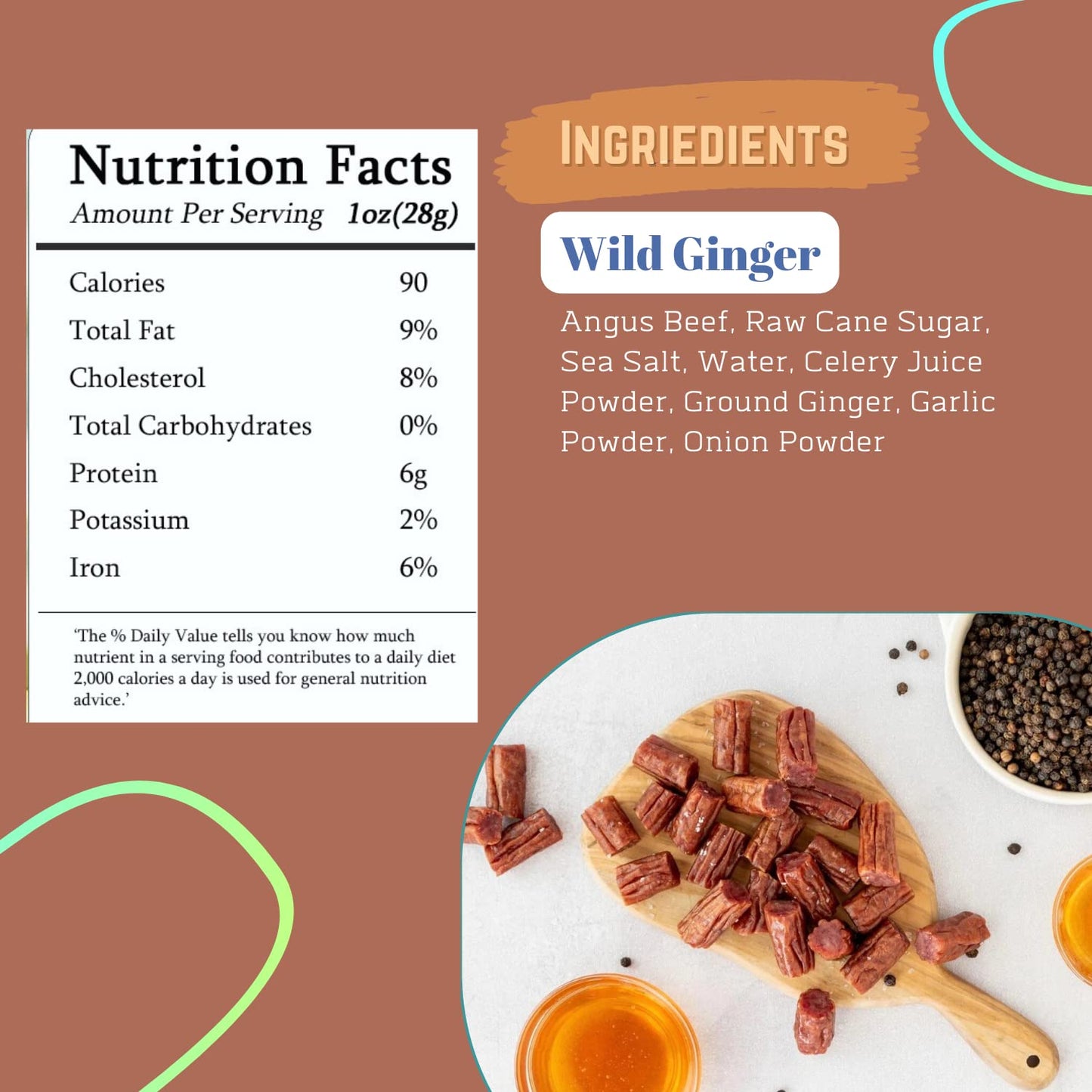 Wyoming All Natural Grass Fed Beef Sticks - Wild Ginger Flavor - Nitrate Free Jerky Meat Sticks - No Artificial Ingredients - Cl