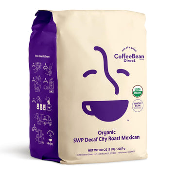 Coffee Bean Direct Organic Swp Decaf City Roast Mexican, Whole Bean Coffee, 5 Pound Bag