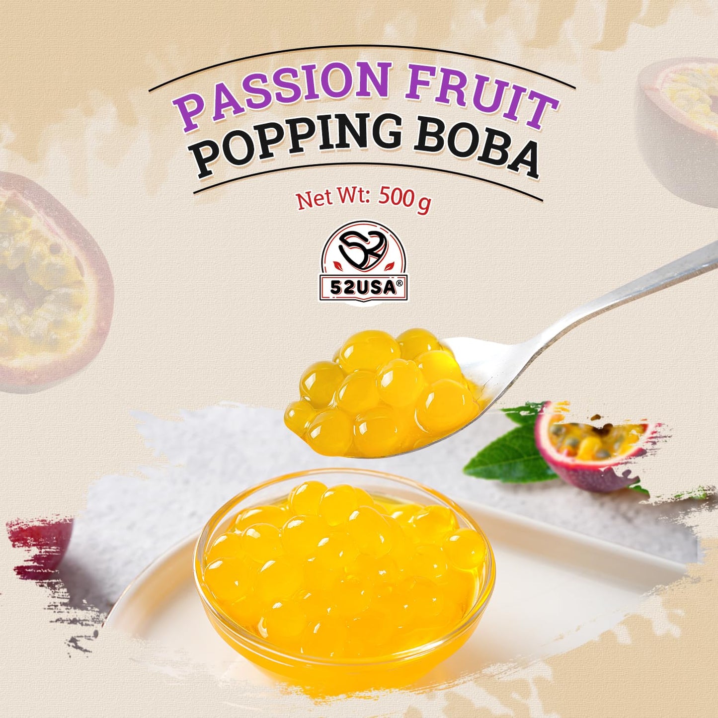 52USA Passion Fruit Popping Boba (1000g)  Bursting Popping Pearls for Bubble Tea  Beverages  Sweets  Ice Cream  Shakes  Desserts & Smoothies Topping  1.1 Pound (Pack of 2)