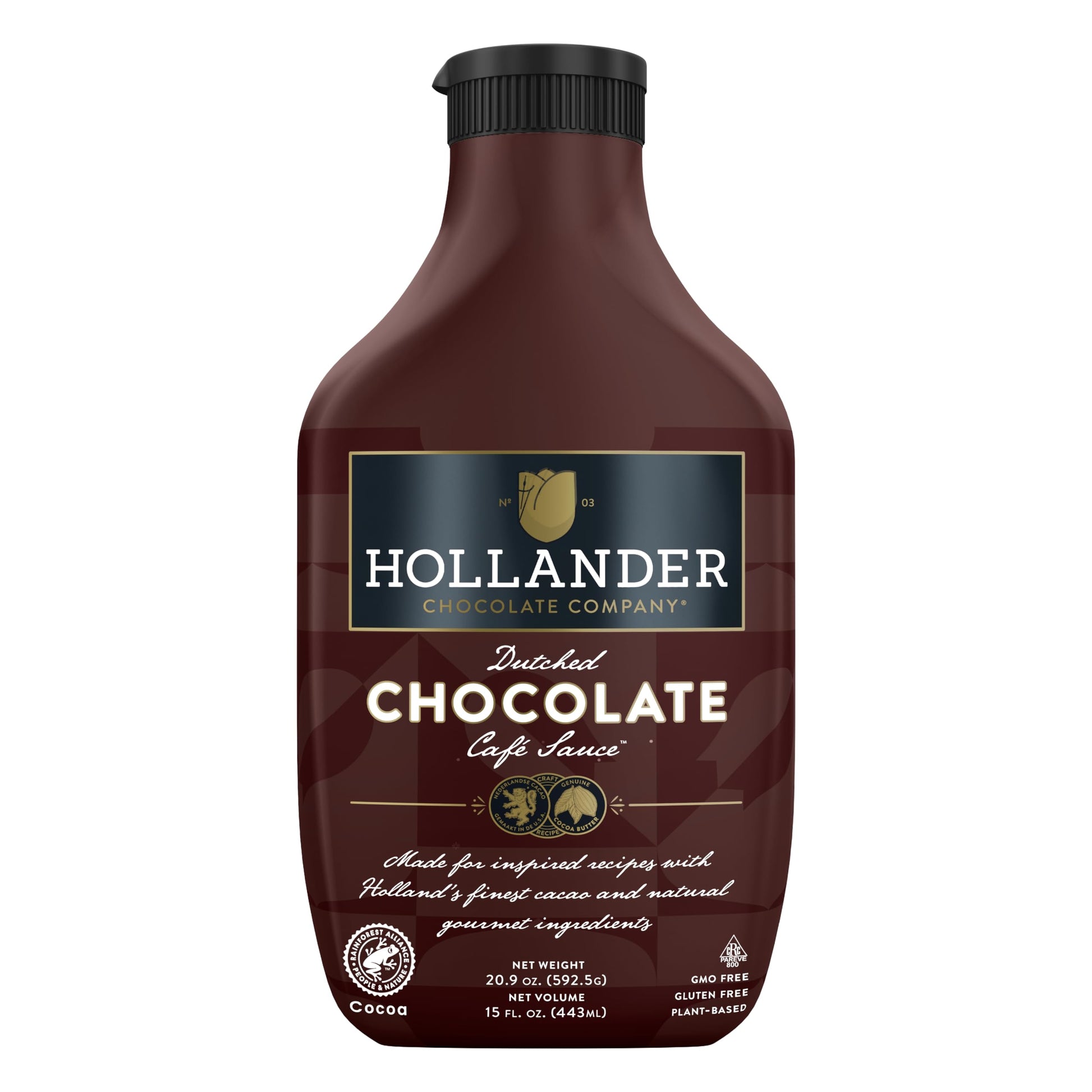 Hollander Dutched Chocolate Caf   Sauce | Vegan Friendly, GMO-Free, Gluten/Soy Free, Corn Syrup Free |15 fl. Oz. Squeeze Bottle
