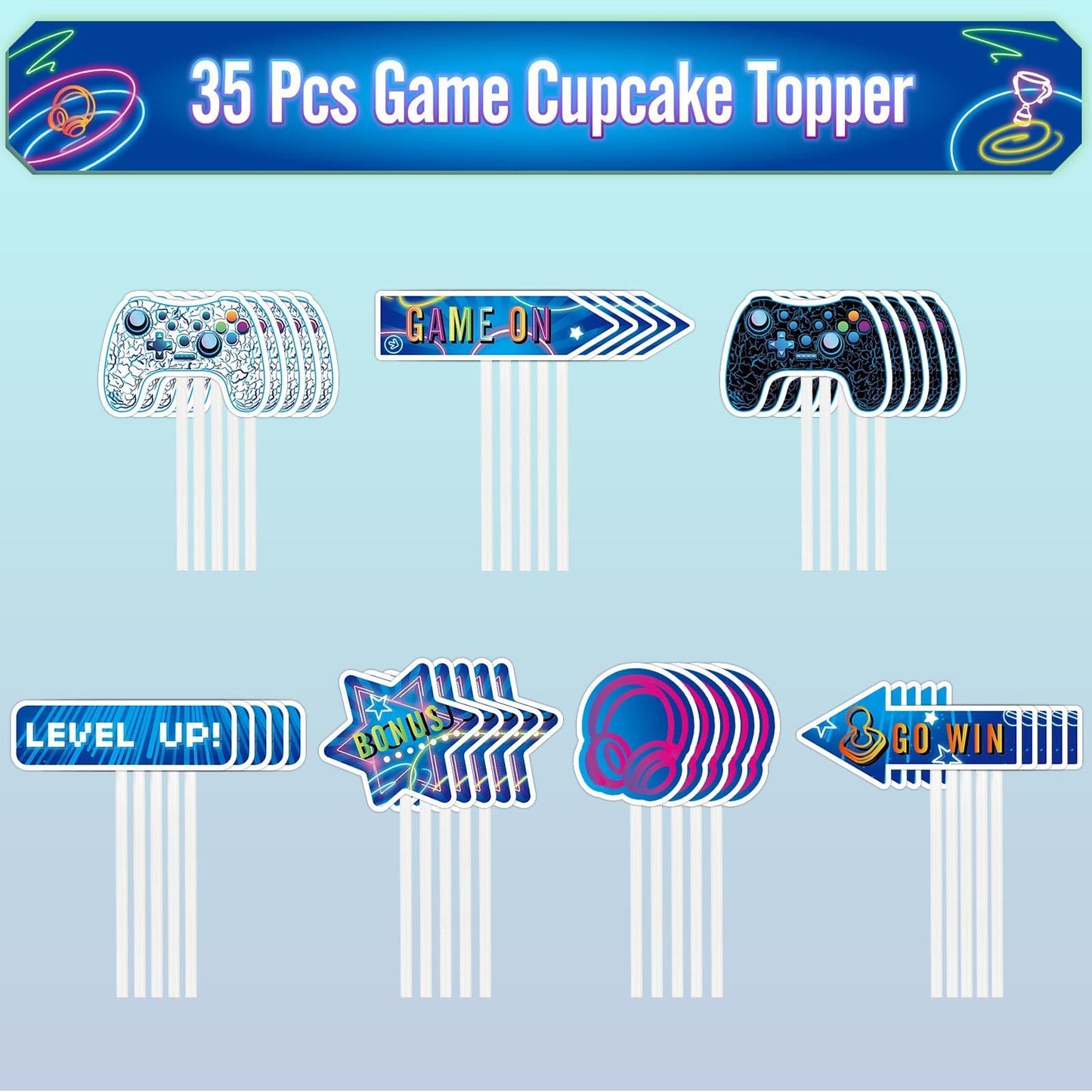 Wernnsai Video Game Cupcake Toppers - 35 Pcs Gamer Party Cupcake Cake Toppers For Boys Kids Game Themed Birthday Party Decoratio