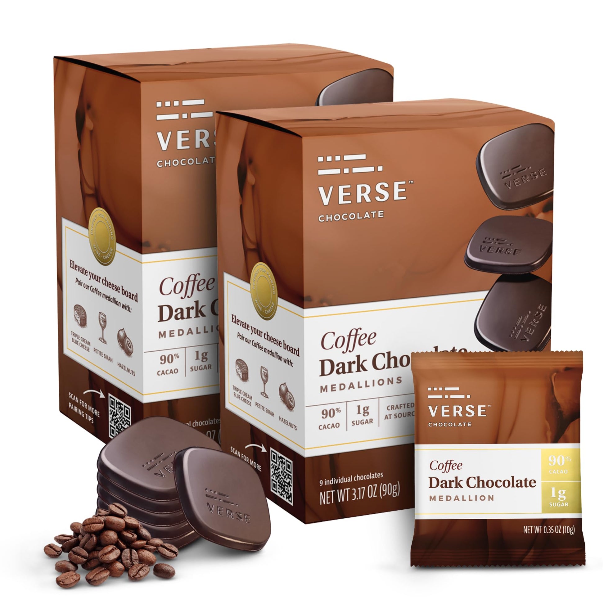 Verse Stylish Dark Chocolate Coffee Squares - Only 1G Cane Sugar - Coffee Flavored 90% Dark Cocoa - Individually Wrapped Cacao Chocolate Squares (9 Count  2 Pack)