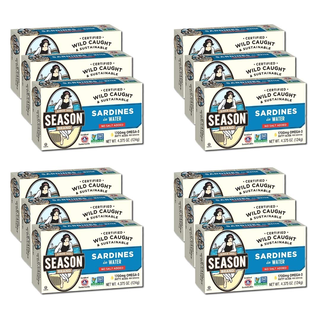 Season Sardines In Water - No Salt Added, Wild Caught, 22G Of Protein, Keto Snacks, More Omega 3'S Than Tuna, Kosher, High In Calcium, Canned Sardines - 4.37 Oz Tins, 12-Pack