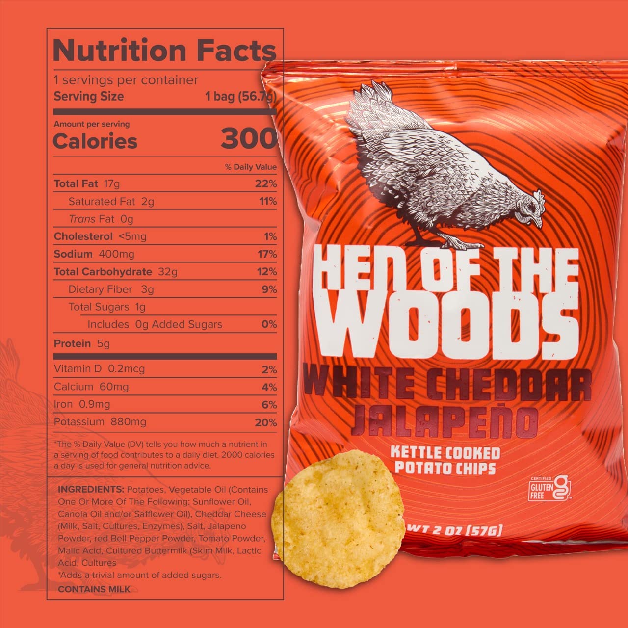 Hen Of The Woods Kettle Cooked Potato Chips, White Cheddar Jalapeno Flavor, 2 Ounce Bag, 12-Pack