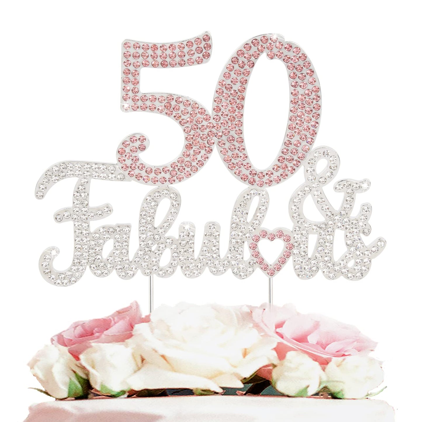 Laskyer 50 & Fabulous Silver Pink Rhinestone Cake Topper - Happy 50Th Birthday Cheers To Fifty Years Old Bday Party Metal Sparkl