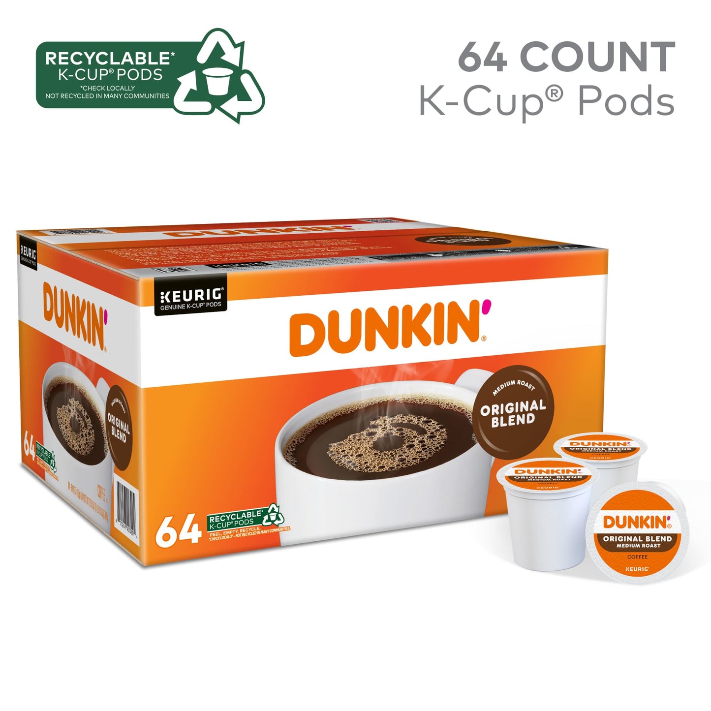 Dunkin Donuts Single-Serve Coffee K-Cup Pods  Original Blend  Medium Roast  Carton Of 64 Pods