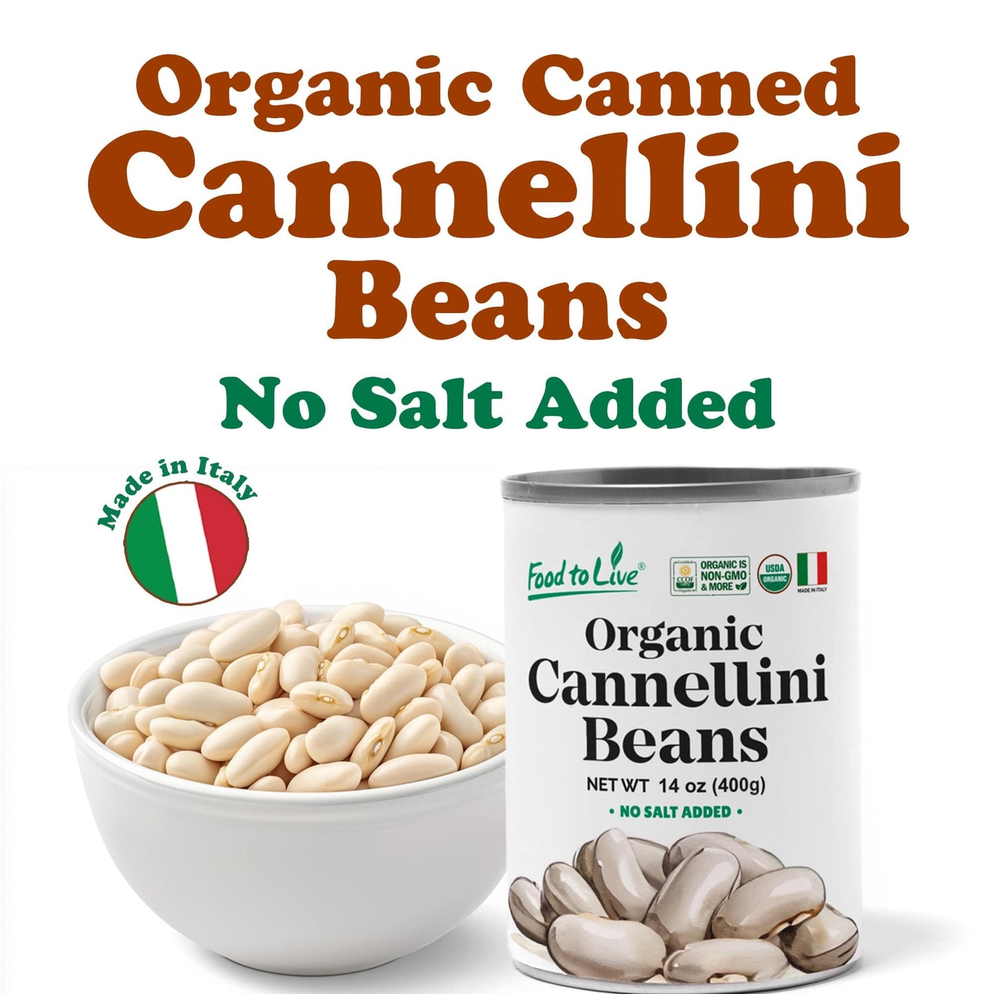 Food To Live Organic Italian Canned Cannellini Beans, 14 Oz (Pack Of 8) - Unsalted Non-Gmo White Kidney Beans. Good Source Of Fi
