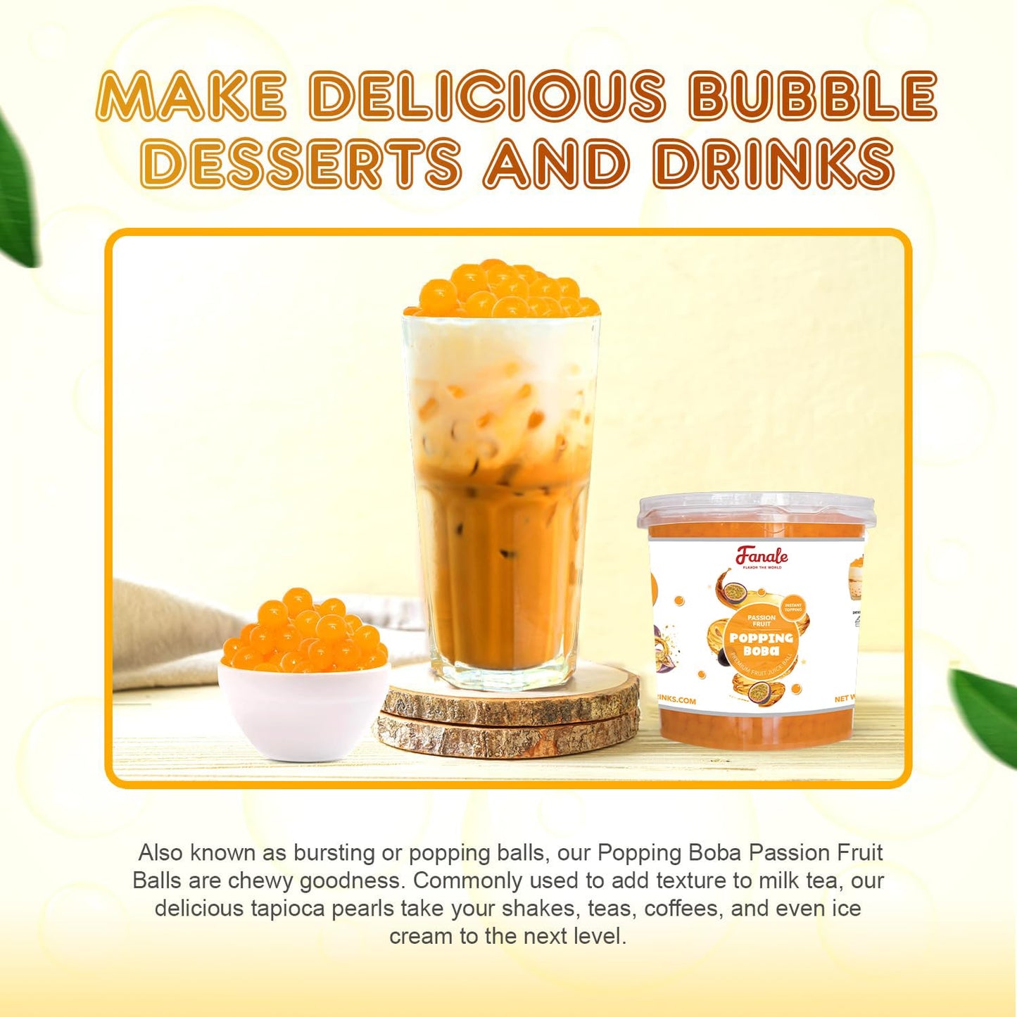 Fanale Passion Fruit Popping Boba Pearls, Vegan, Non Gmo, Gluten Free, Fat Free, Perfect For Bubble Tea, Smoothies, Ice Cream, D