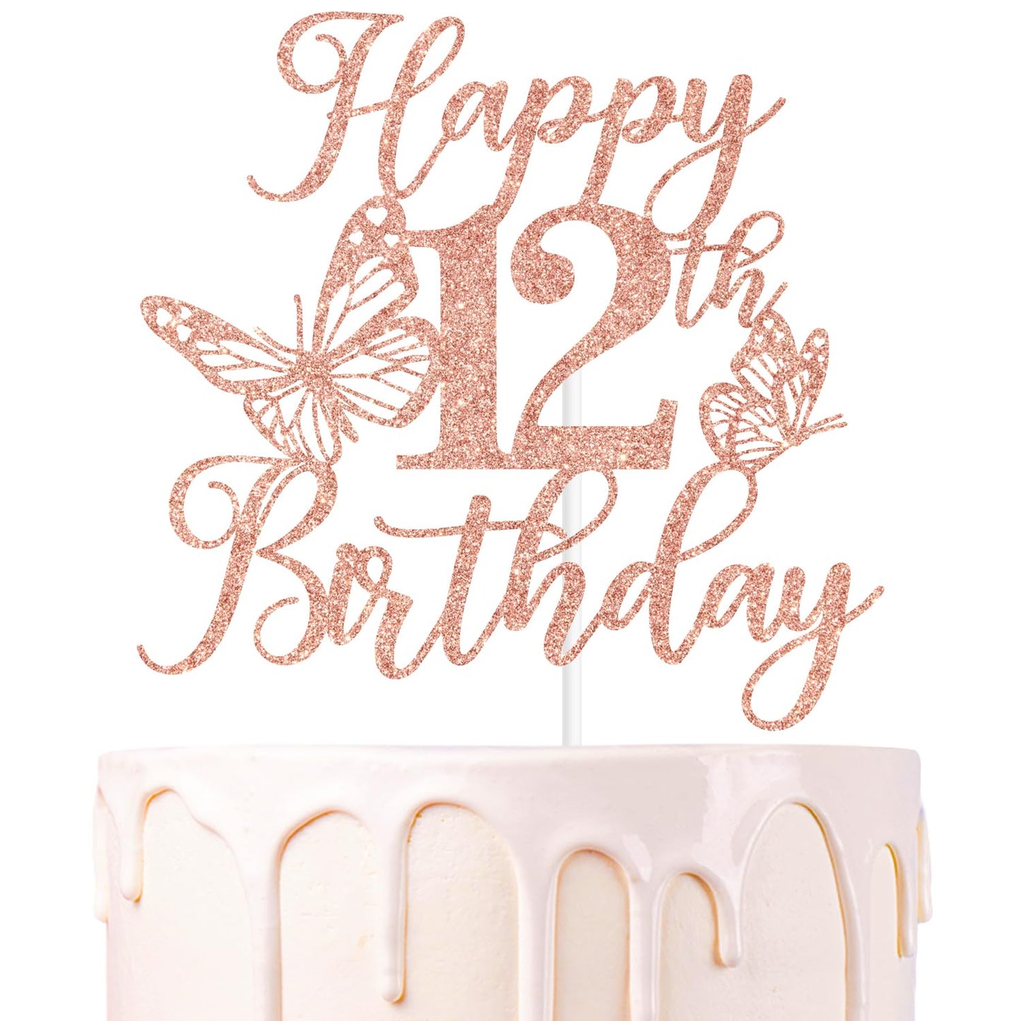 Rose Gold Glitter Happy 12th Birthday Cake Topper, Butterfly Happy 12th Birthday/Cheers to 12 Years, Butterfly Themed 12th Birth