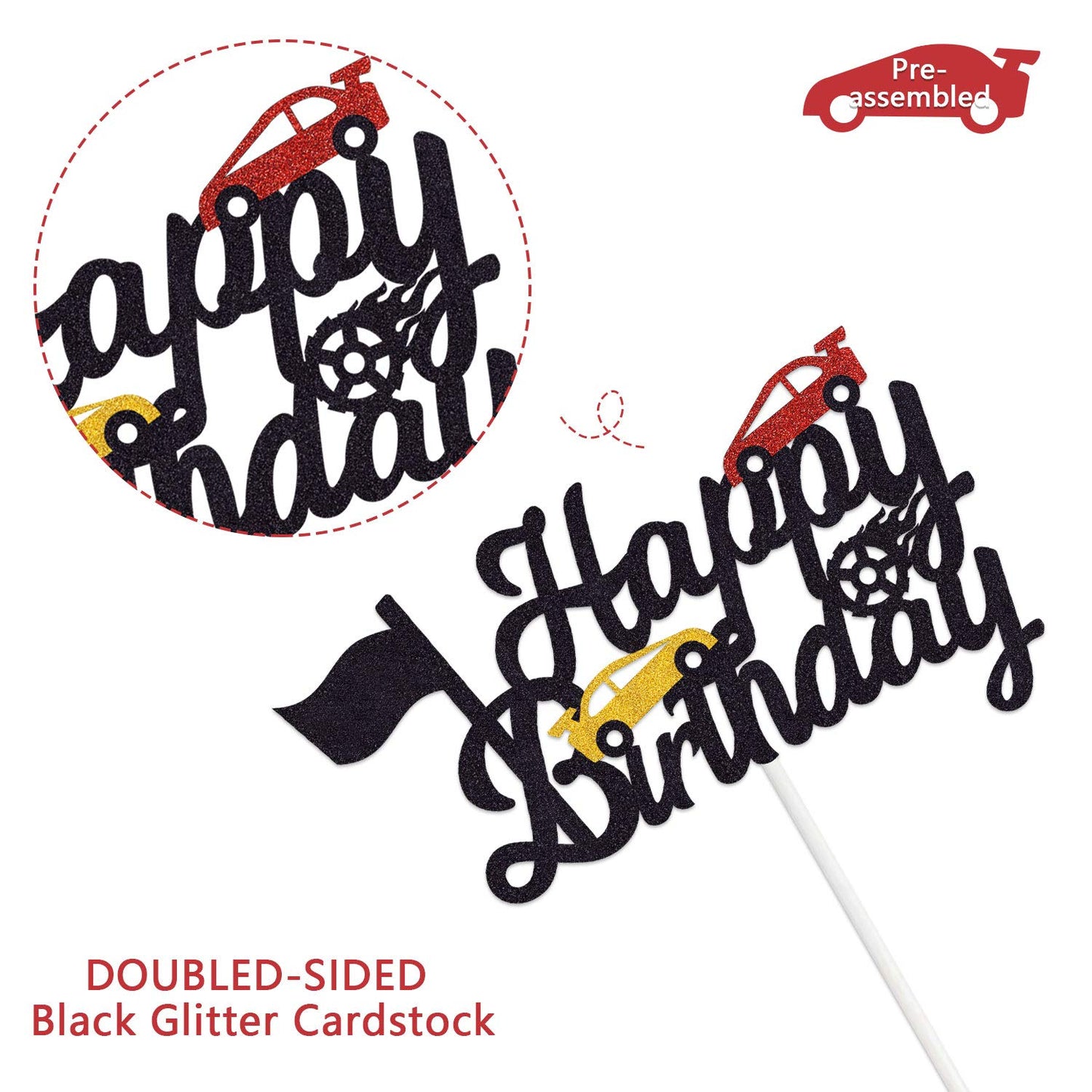 Marwey Race Car Cake Topper - Double-Sided, Paper, 1 Count, Chequered Flag Birthday Party Decorations, Happy Birthday Theme