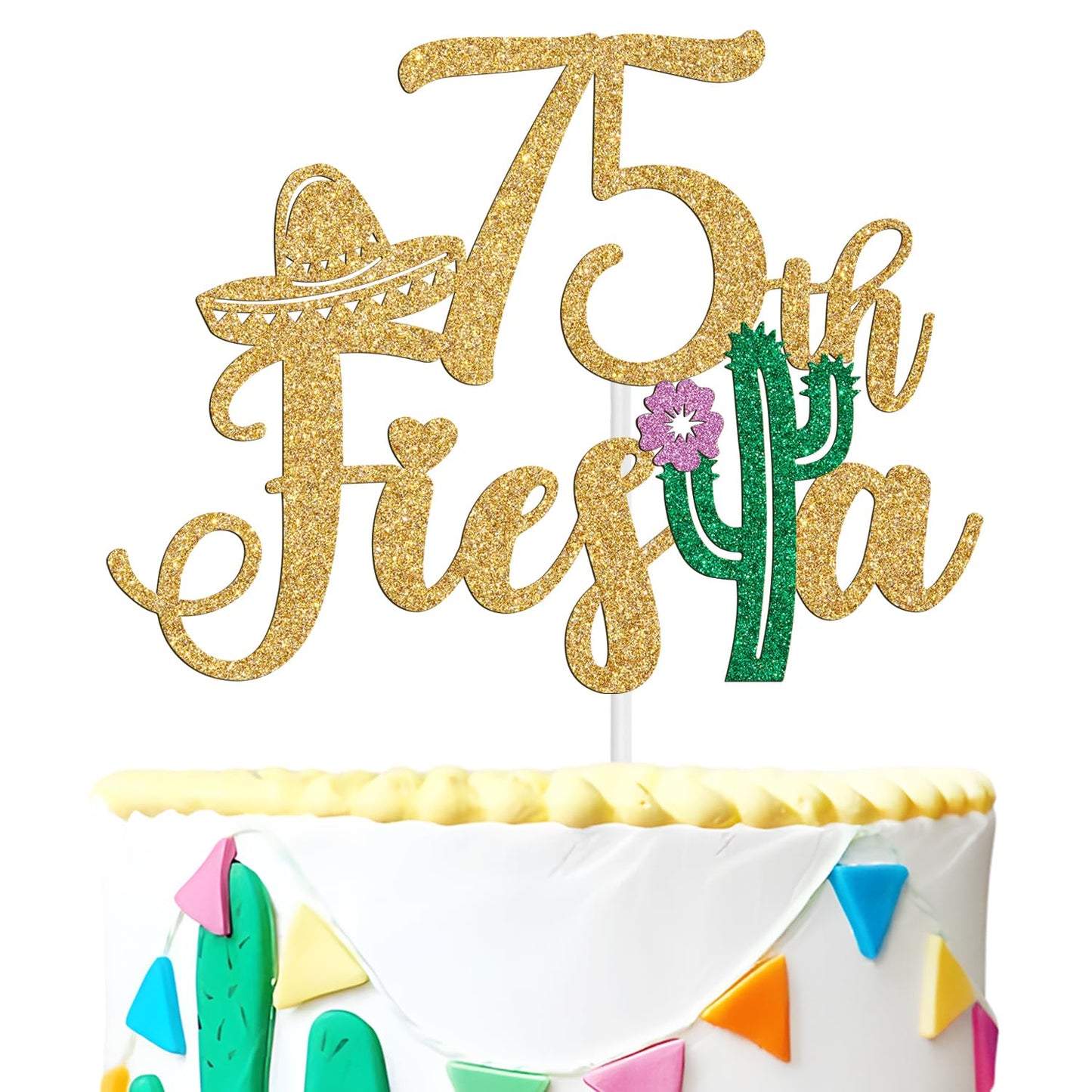 Tivurcia Fiesta 75th Cake Topper, Gold Tropical Hawaiian Theme Decoration Supplies