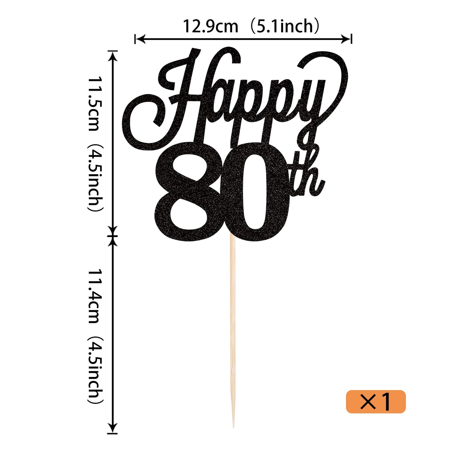 YCTHUNFISH 80th Birthday Cake Topper Black Glitter Bamboo Decoration for Cheers to 80 Years Old Party Supplies