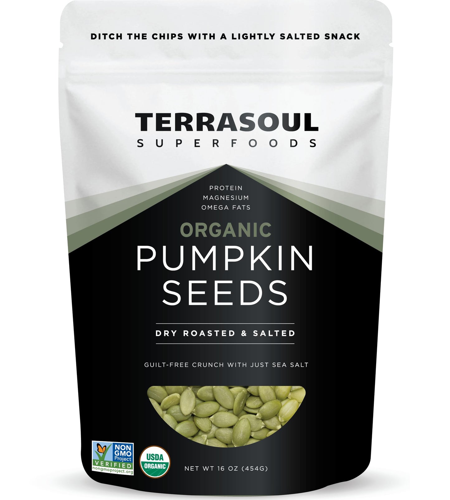 Terrasoul Superfoods Organic Dry-Roasted Salted Pumpkin Seeds (Pepitas)  16oz - Non-GMO  Gluten-Free  Vegan  Keto-Friendly  Shelf-Stable  Resealable Bag