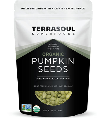 Terrasoul Superfoods Organic Dry-Roasted Salted Pumpkin Seeds (Pepitas)  16oz - Non-GMO  Gluten-Free  Vegan  Keto-Friendly  Shelf-Stable  Resealable Bag
