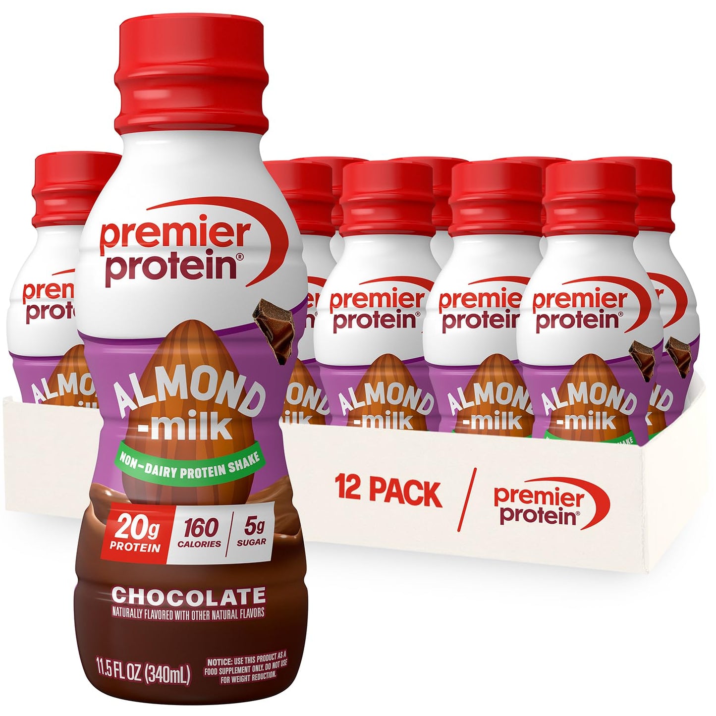 Premier Protein Almondmilk Plant Based Protein Shake  20g Protein  5g Sugar  11.5 Fl oz  Chocolate  12 Count