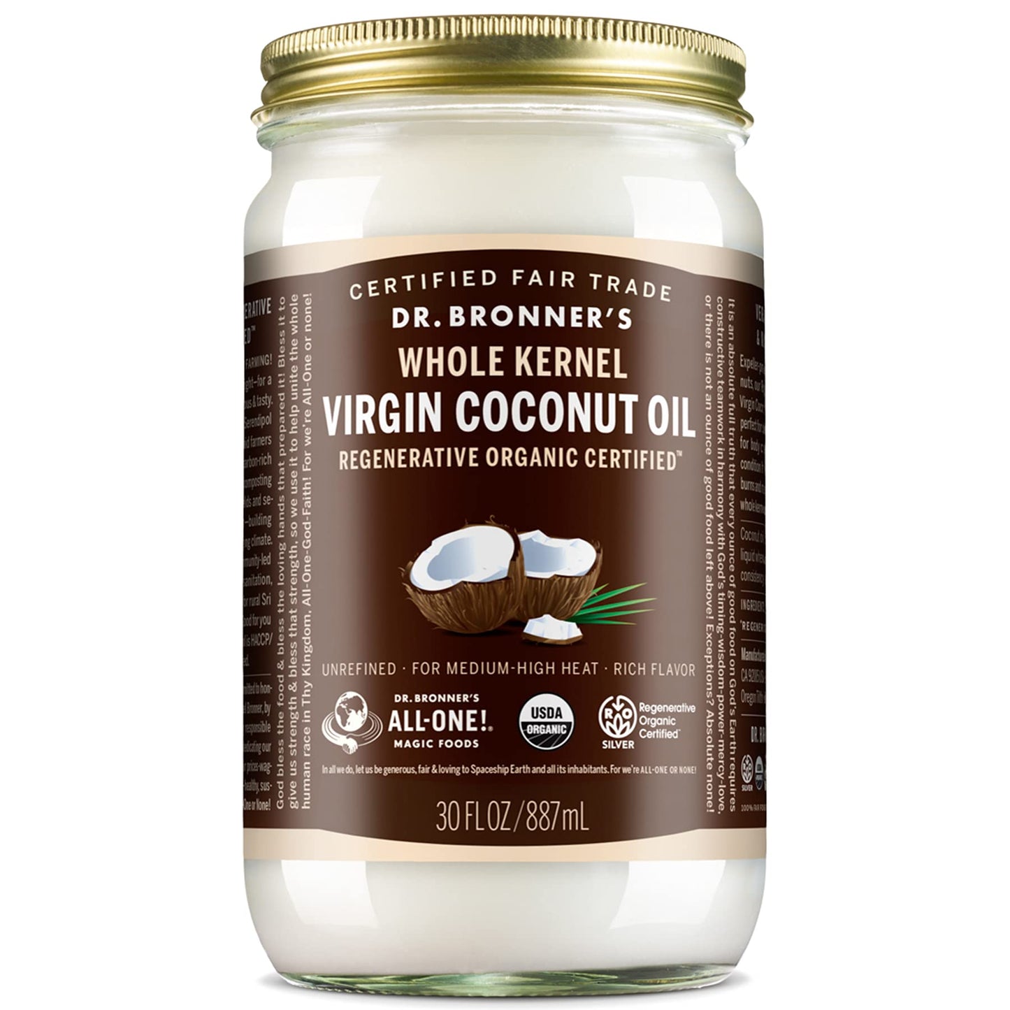 Dr. Bronner'S - Organic Virgin Coconut Oil (Whole Kernel, 30 Ounce) - Coconut Oil For Cooking, Baking, Hair And Body, Unrefined