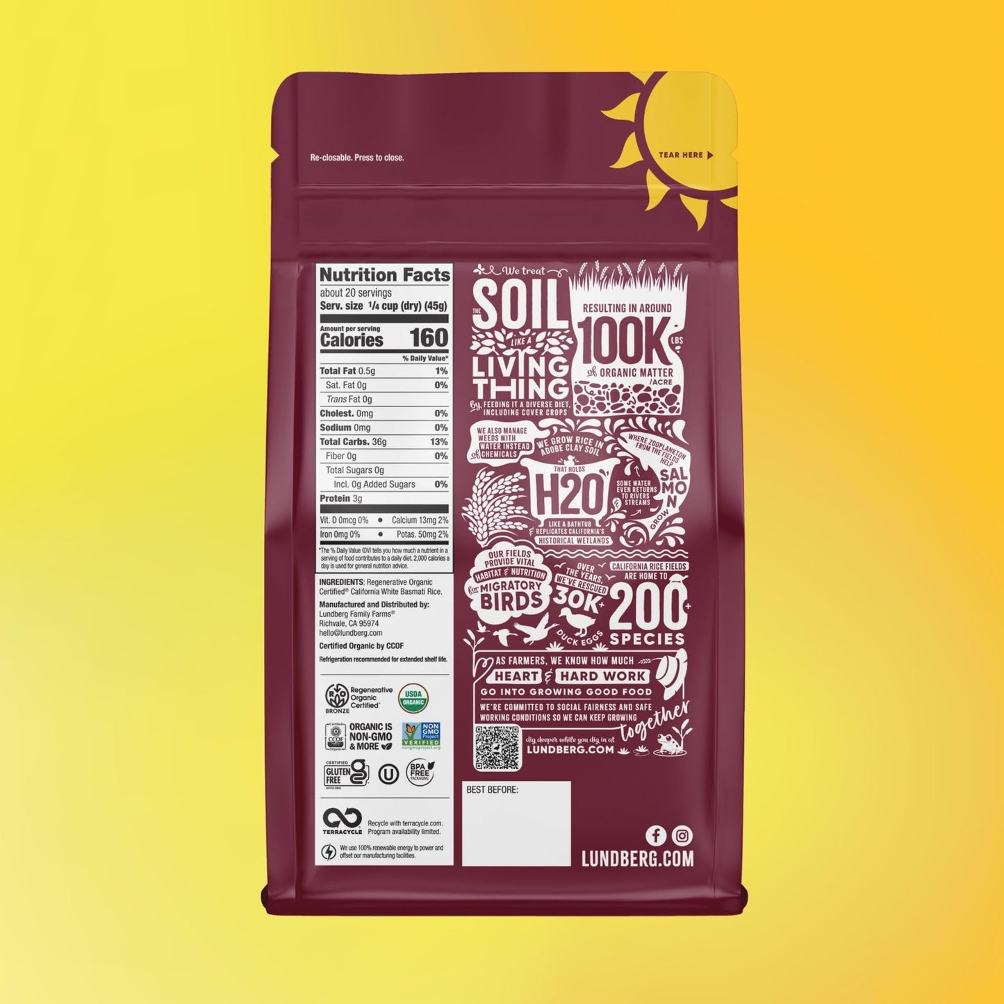 Lundberg White Basmati Rice, Regenerative Organic Certified, 6-Pack - Non-Sticky, Fluffy & Aromatic Long-Grain Rice, Responsibly
