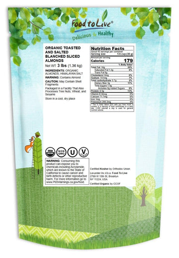 Food to Live Organic Toasted and Salted Blanched Sliced Almonds, 3 Pound - Non-GMO, Vegan, Dry Roasted with Himalayan Salt