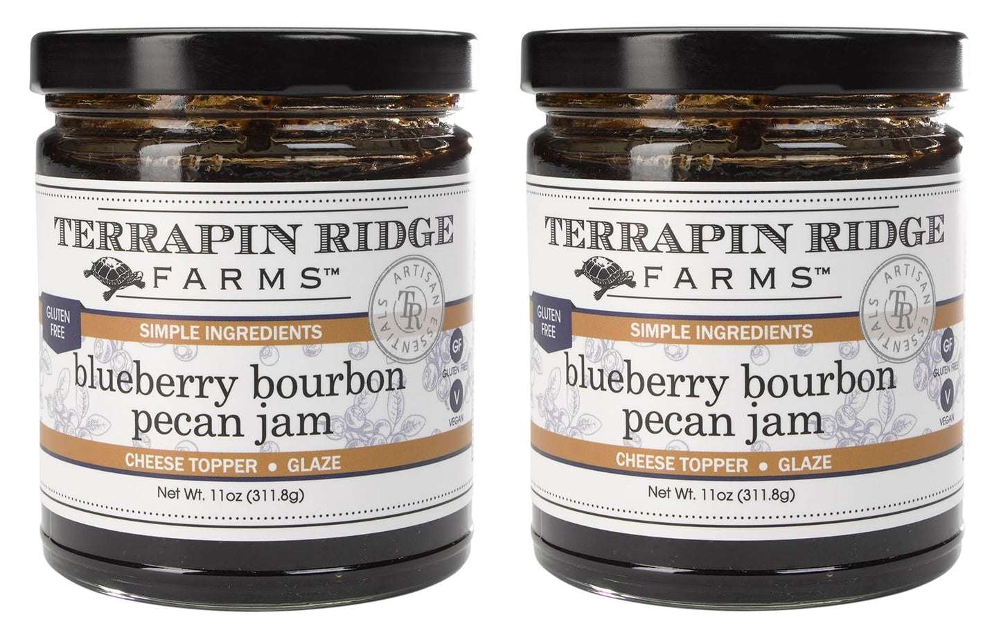 Terrapin Ridge Farms Blueberry Bourbon Pecan Jam - Sweet Jam with Blueberries, Pecans, Cinnamon - Two 11 oz Jars