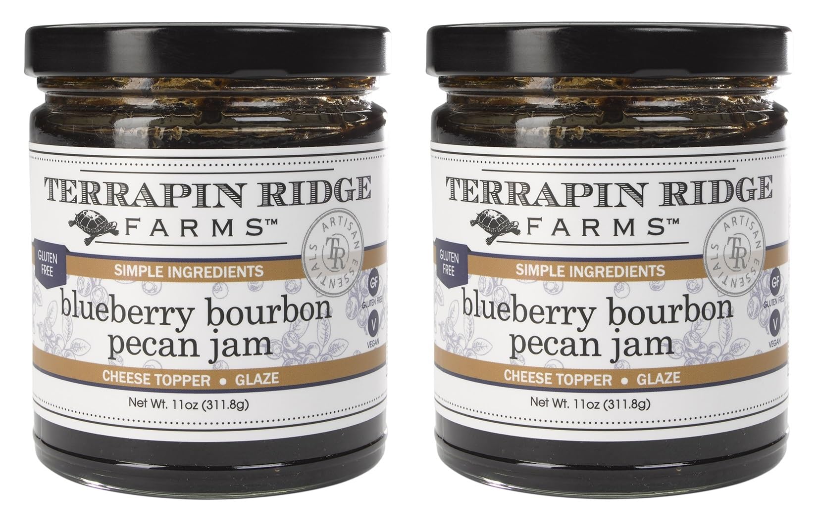 Terrapin Ridge Farms Blueberry Bourbon Pecan Jam - Sweet Jam with Blueberries, Pecans, Cinnamon - Two 11 oz Jars