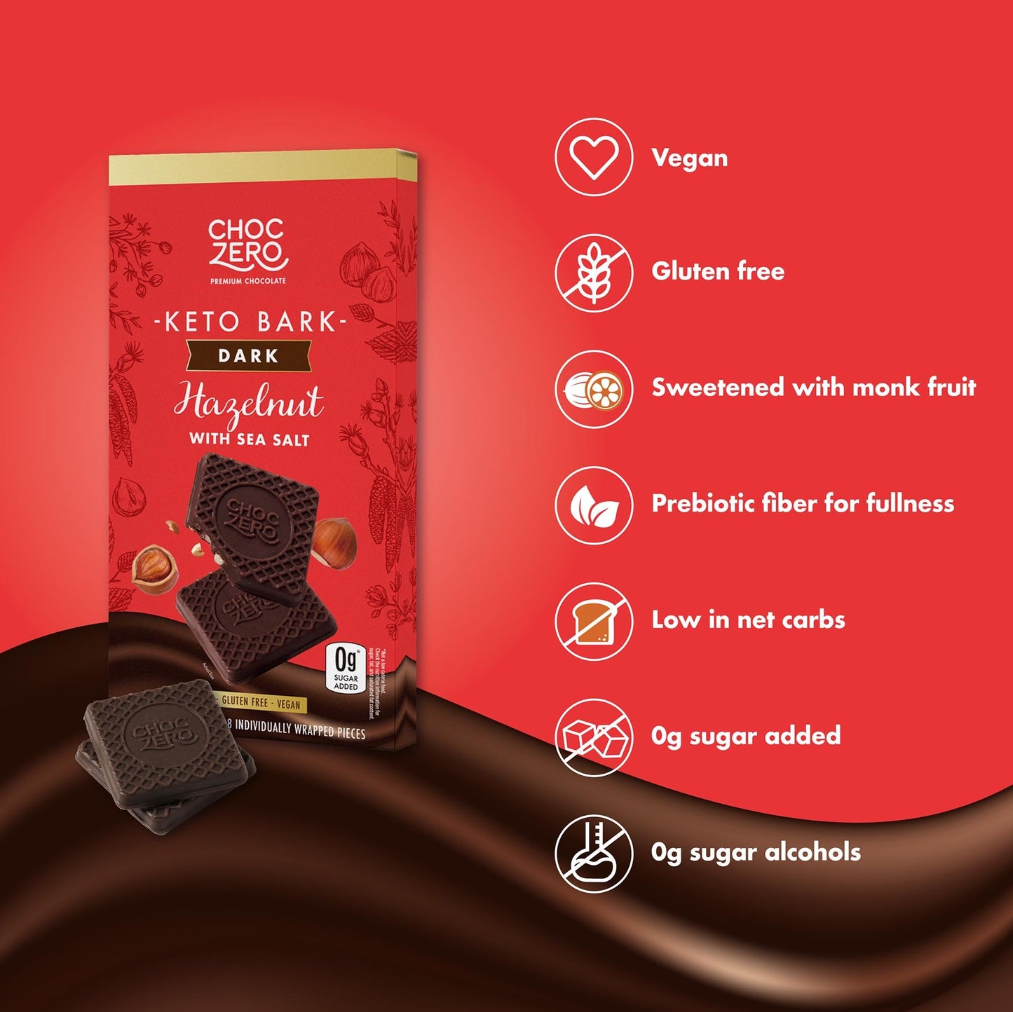 Choczero Keto Bark, Dark Chocolate Hazelnut With Sea Salt, Sugar Free, Low Carb, No Sugar Alcohols, No Artificial Sweeteners, Al