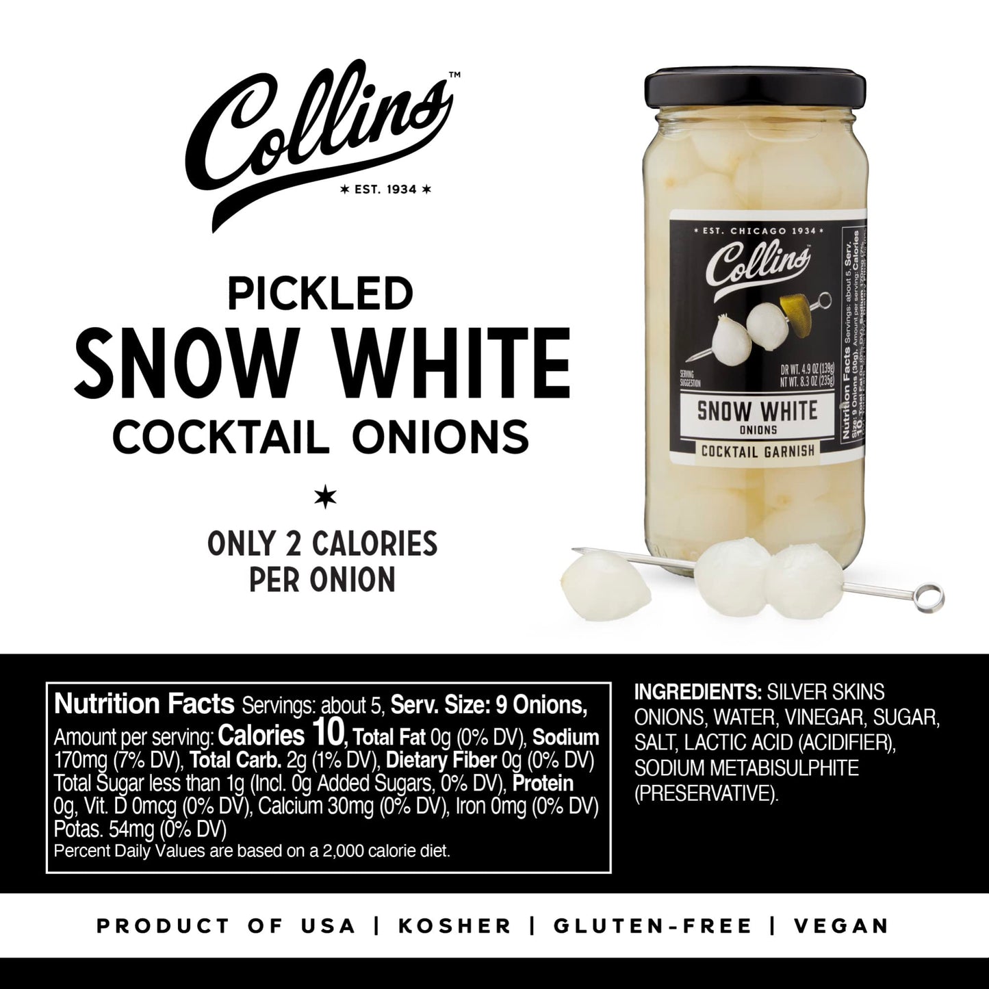 Collins Gourmet Pickled Cocktail Onions - Snow White, 8oz Jar, Perfect for Snacks and Cheese Trays, Model O52