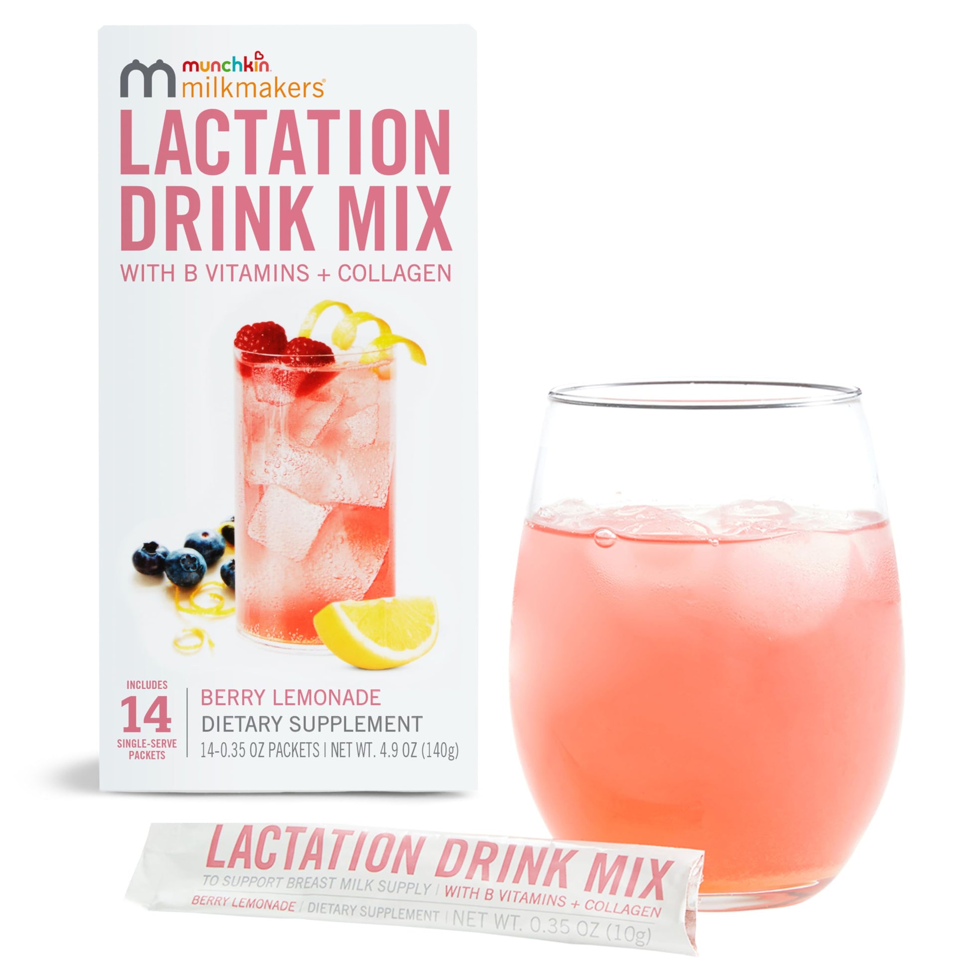 Munchkin® Milkmakers® Lactation Drink Mix Supplement, Berry Lemonade, 14 Count, with B Vitamins, Collagen, Fenugreek & Milk Thistle