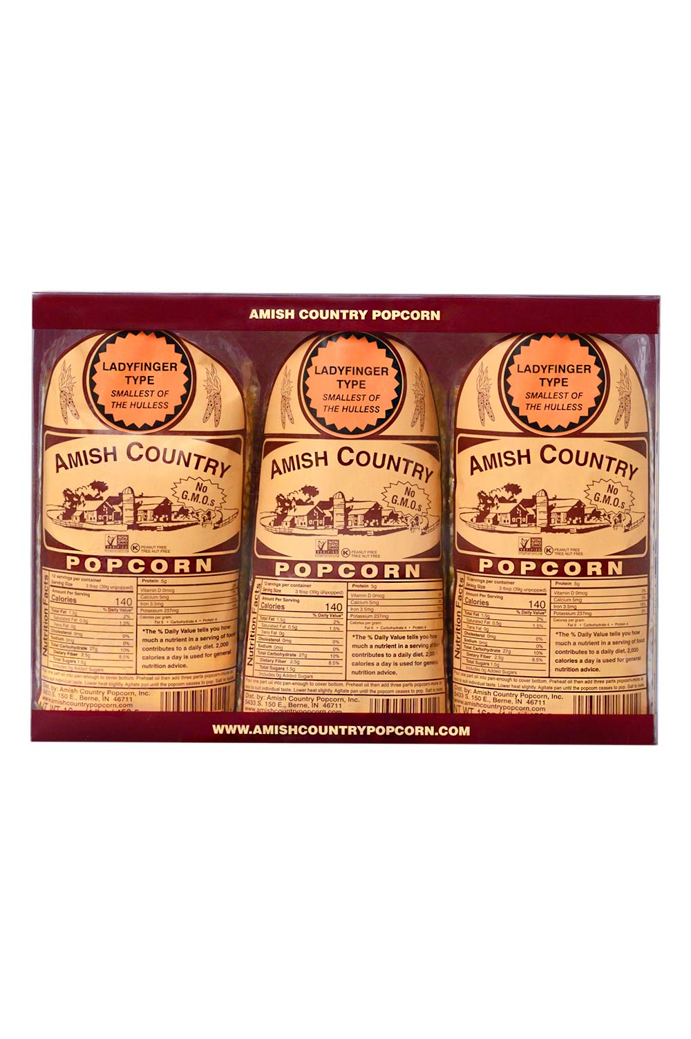 Amish Country Popcorn | 3 (1 Lb Bags) Ladyfinger Kernels Gift Set | Old Fashioned, Non-Gmo And Gluten Free