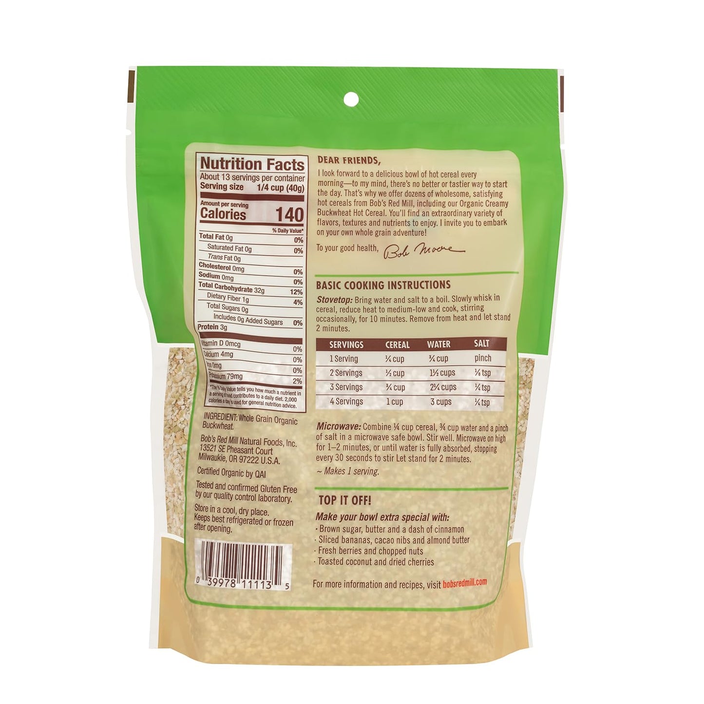 BOBS RED MILL Organic Buckwheat cereal 18 OZ